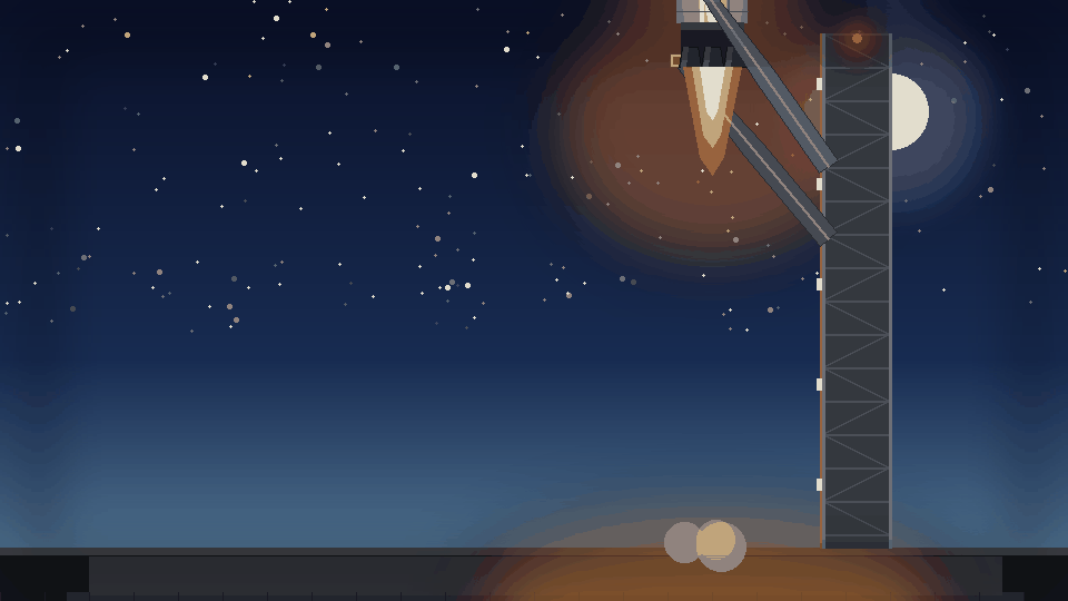 Animated GIF of a SpaceX Starship booster descending toward a launch tower and being caught by its arms